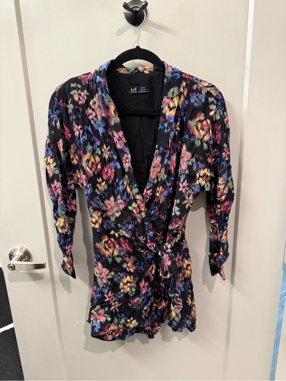 Zara Floral Wrap Romper in Black with Multicolor Print